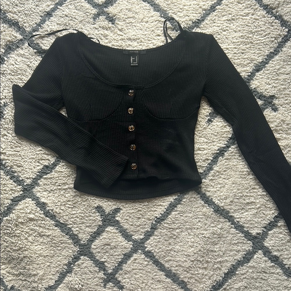 Forever 21 Black Ribbed Button-Up Blouse